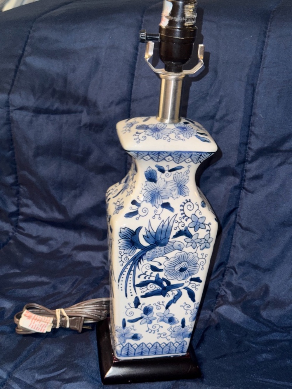 Blue and White Porcelain Table Lamp with Floral Bird Motif
